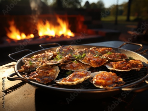 Food photography, grilled oysters, cooked on a grassy BBQ, shot on top of a real grill, surrounded by flames and grates, with two craft beers placed on a table not far in the background,