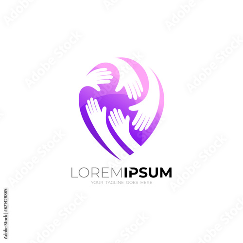 Location icons, Hands hug logo design template, Hand hug in map pin vector illustration