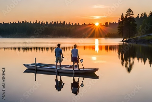 Two persons standing on a boat looking for the su at sunset