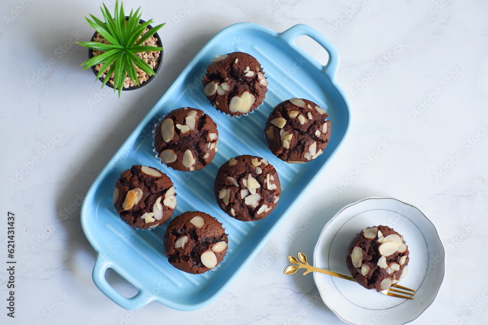 Chocolate muffin on a plate Chocolate muffin on a plate