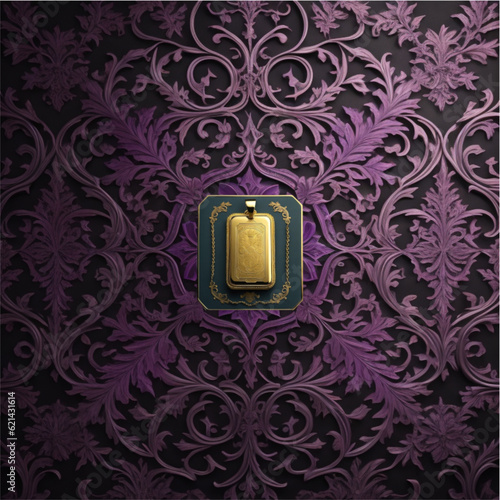 Luxury vintage damask AI art Gold Bar pendent Engraving, paisley design color purple Elegant Fancy