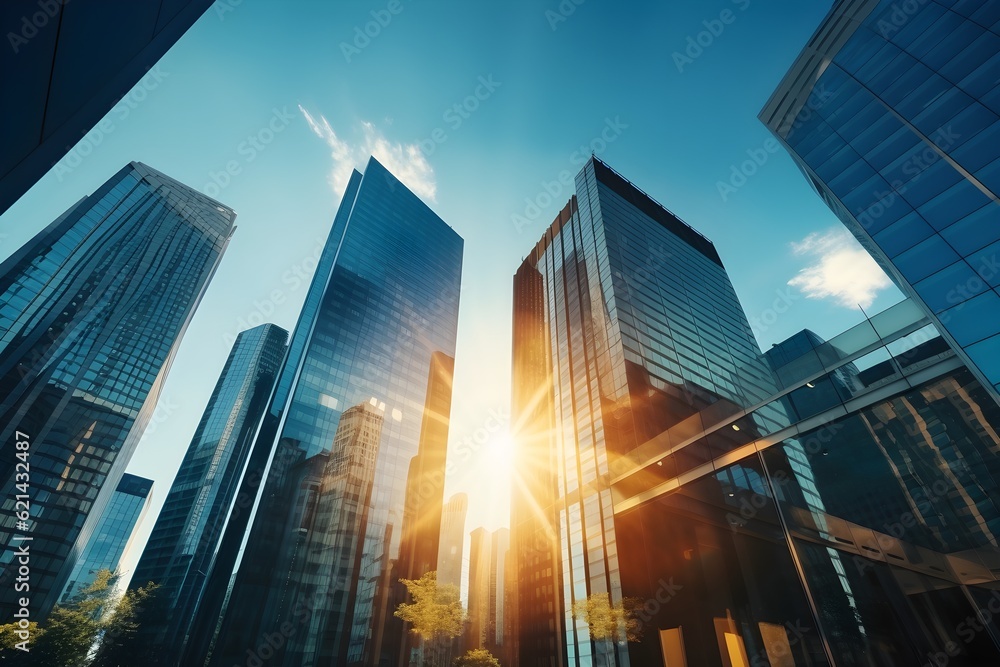 skyscraper glass facades on a bright sunny day with sunbeams in the blue sky. created generative AI. 