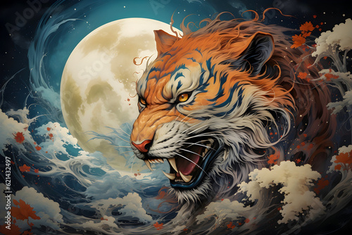 Tiger mythology creature. Dark fantasy illustration