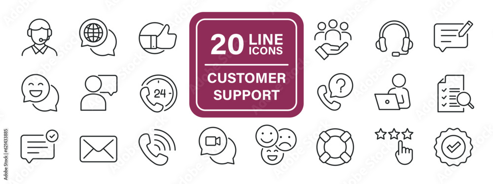 Customer support line icons. Editable stroke. For website marketing design, logo, app, template, ui, etc. Vector illustration. - obrazy, fototapety, plakaty 