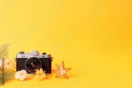 Retro camera and flower on yellow background with copy space for text