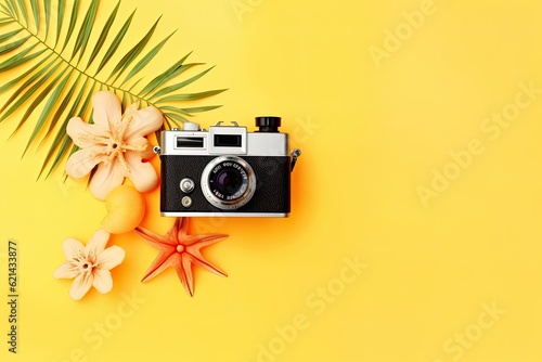 Flat lay composition with retro camera and tropical leaves on yellow background