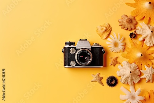top view of retro camera with flowers and seashells on yellow background