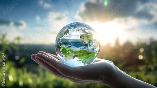 Close up of human hands holding Earth planet. 