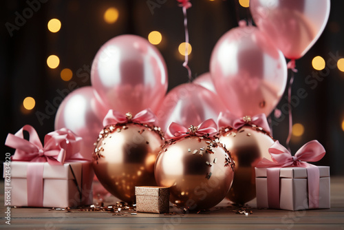 Pink and gold hearts foil balloons with gifts on pink bokeh Valentines Day background. AI generative