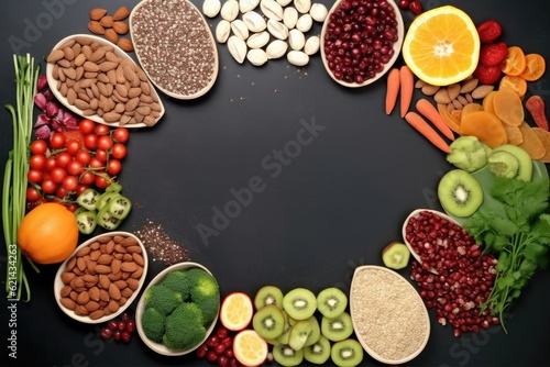 Healthy food clean eating selection. fruit, vegetable, legumes, superfoods on black background.