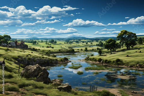 Hyper photorealistic image of a farm with a bright blue pond next to a large pasture. AI generative