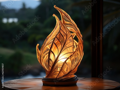 A lamp in the shape of a leaf, Australian landscape, karate, Tonga art, backlighting, ghazal fabric as style photo