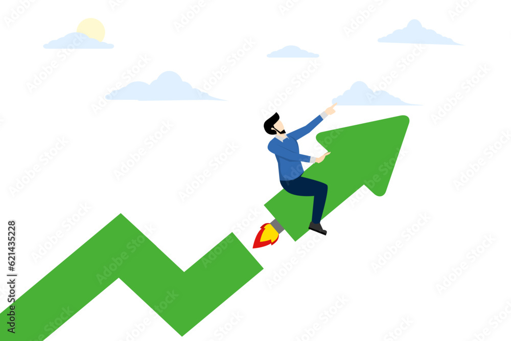 startup launch or upgrade project concept, grow fast, Investment growth increase profit, increase market return or increase growth, businessman pushing arrow with rocket booster. startup launch or upgrade project concept, grow fast, Investment growth increase profit, increase market return or increase growth, businessman pushing arrow with rocket booster.