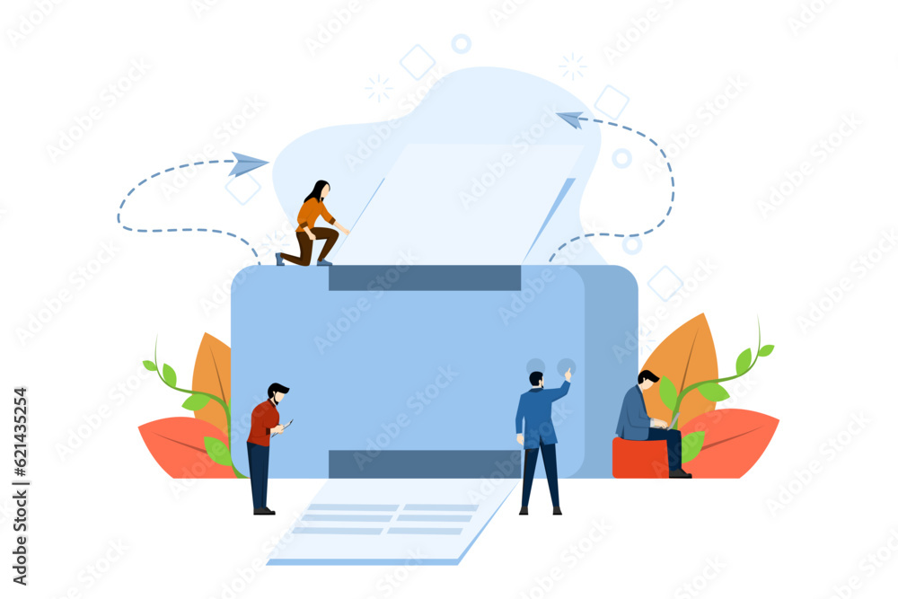 digital printing concept, office multifunction machine, multifunction printer scanner, printing, people printing document vector, professional printing station. flat vector illustration.