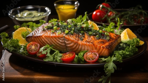  A delectable dish of grilled salmon fillet on a bed of fresh greens, drizzled with a tangy lemon - dill sauce, garnished with slices of avocado and cherry tomatoes,