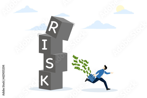 concept of risk aversion, avoiding or minimizing risk, escaping from uncertainty, fear or a safe decision for investment, preferring security or stability, businessman investor escaping from the risk 