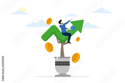 Concept of making profit in stock market or revenue growth. Businessman driving chart Planting in a pot is shaped like a graph. Investment growth or business growth, flat vector illustration.