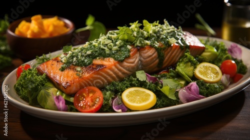  A delectable dish of grilled salmon fillet on a bed of fresh greens, drizzled with a tangy lemon - dill sauce, garnished with slices of avocado and cherry tomatoes,