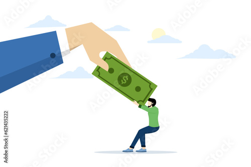 Concept of paying off debts or bills, fighting over money, government asking for tax payments, company revenue market share, financial problems, banknote tug-of-war with small businessmen.