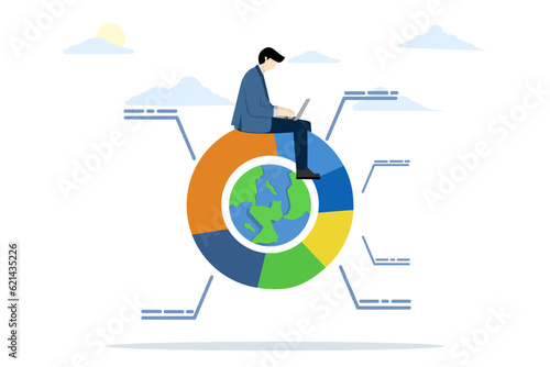 World finance or economy concept, global portfolio asset allocation, world stock market investment, international market share pie chart, businessman working with computer laptop on world pie chart.