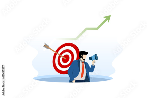Target marketing concept. PR manager man attracting customers with megaphone. Successful business or consumer targeting. Focus group. Achievement of objectives. Online advertising. Vector illustration