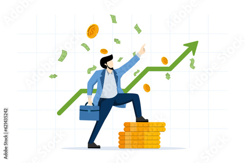 Successful traders make profits by trading investments. stock or cryptocurrency market success. investment success. Businessman pointing up with rising green graph. flat vector illustration.