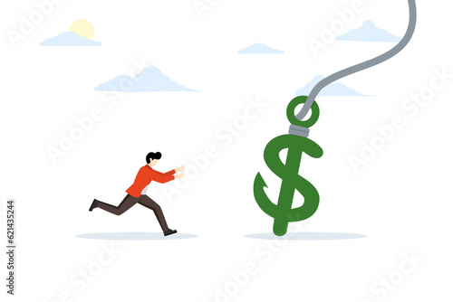 concept of financial fraud, illegal investment scam or ponzi scheme stealing money from greedy man, greedy businessman investor running to catch money US dollar sign with hidden phishing bait.