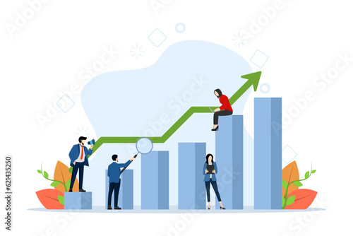 Business concept. Office people working together in columns. Business chart analysis. Team metaphor. Lift. Analyze evolutionary scale. Career making. Flat vector illustration on a white background.