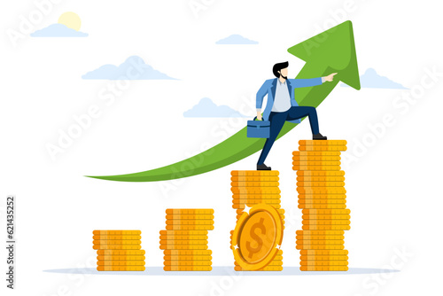 Business growth concept. growing arrows, Profit growth and financial success. Businessman standing on growing coins. financial growth. Flat vector illustration on a white background.