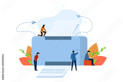 digital printing concept, office multifunction machine, multifunction printer scanner, printing, people printing document vector, professional printing station. flat vector illustration.