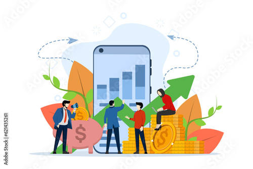 Big piggy bank in the shape of a pig and a phone with a schedule, financial services, online savings or money accumulation, coin box with falling coins, flat vector illustration.