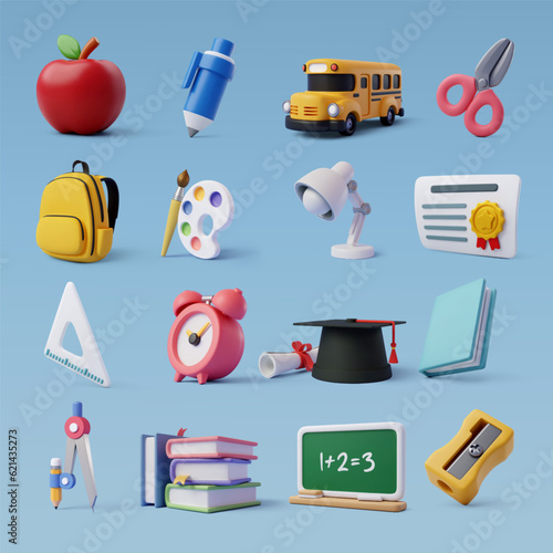 Valokuvatapetti Set of education 3d icons, Back to school concept.