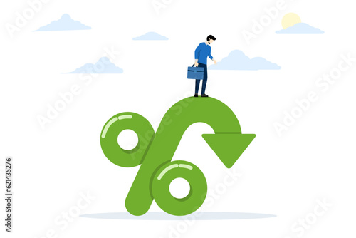 Inflation or interest rates fall, profits fall in economic recession, stock market value loss, reduction or reduction, FED lowers interest rates, entrepreneurs on percentage marks with falls.
