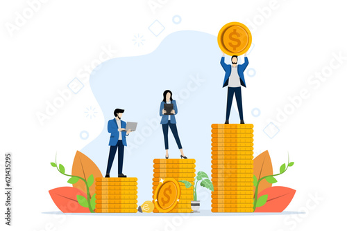 the concept of unequal payments. Differences in income, financial rights, corporate injustice, gender gap and salary inequality. people standing on piles of coins representing wage rates. vector.