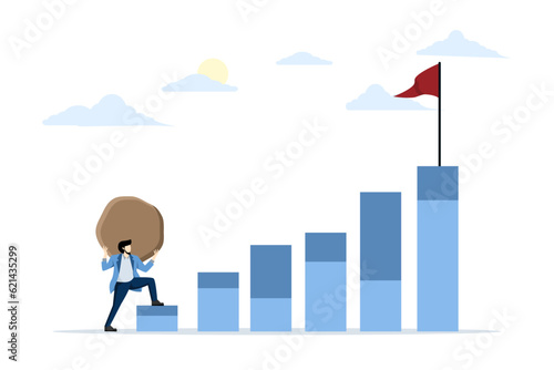 Business concept for success, difficult task, problem or difficulty to achieve success, overcoming Challenges, Overload or great need, tired businessman bringing great need for success.