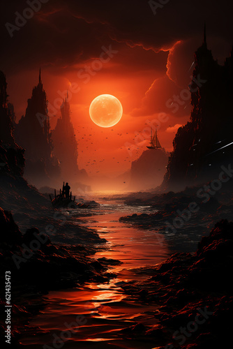 full red molten sun over ocean in high winter waves. AI generative