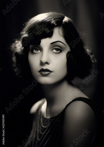 vintage 1920s actress headshot from golden age of cinema, black and white photo made with generative ai