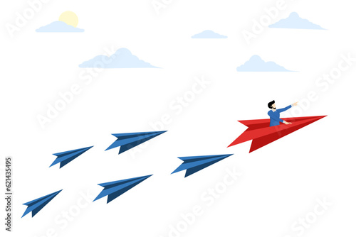 concept of power to control or influence people, Leadership to guide team direction to success, determination or decision, confident businessman leading origami paper airplane.
