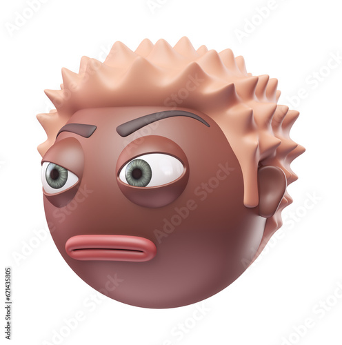 Emoji face with raised eyebrow of funny black african american man. Cartoon smiley on transparent background. 3D render right view