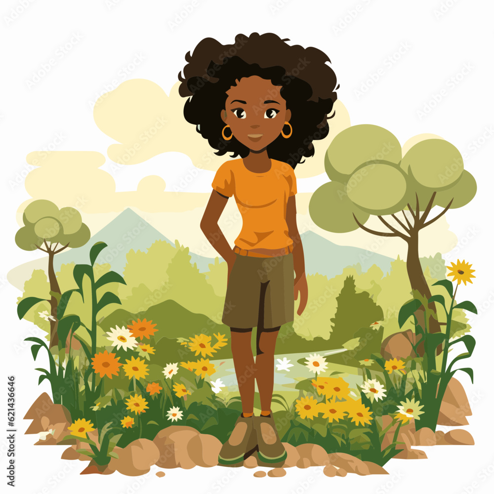 simple cartoon clipart black african american woman in nature white background simple cartoon clipart black african american woman in nature white background