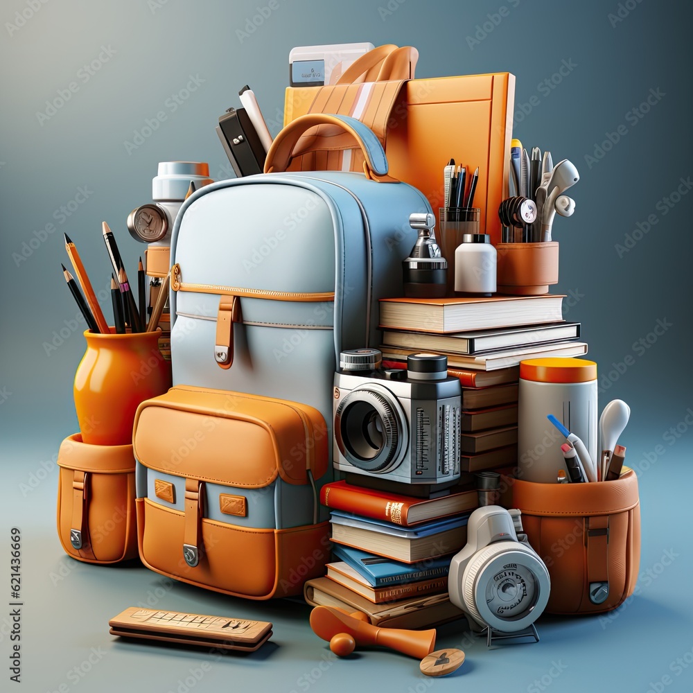 School desk with school accessory and backpack, back to school on isolated background, 3D Illustration