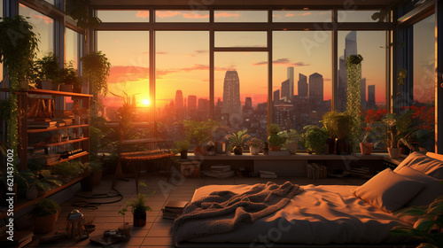 Cozy interior of modern apartment at golden hour 