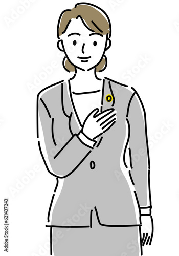 胸に手をあてる女性弁護士のシンプル線画イラスト