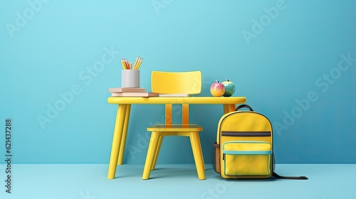 School desk with school accessory and backpack, back to school on isolated background, 3D Illustration