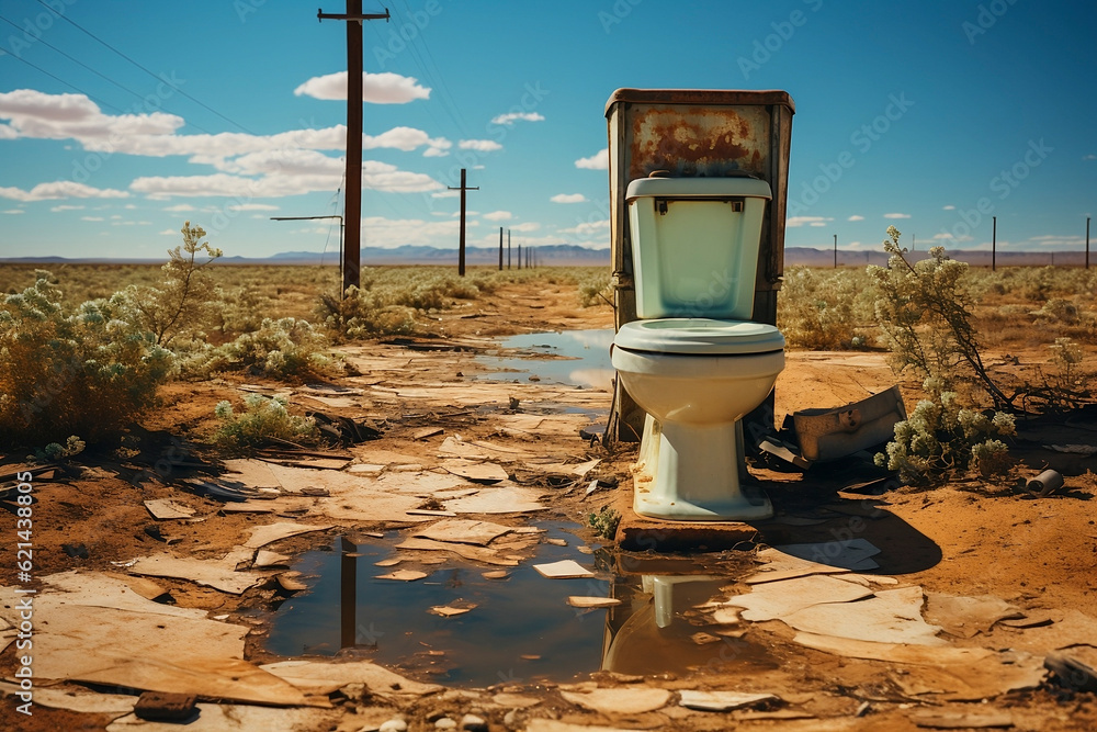 Retro toilet in the middle of the desert. Environmental pollution. Generative AI.