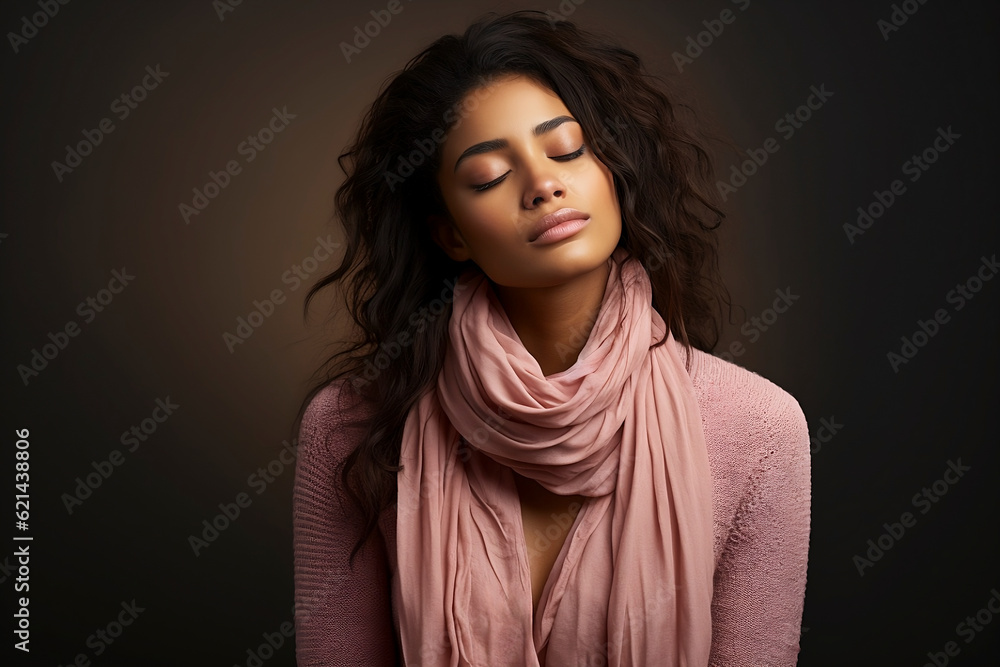 Portrait of a young woman with her eyes closed, relaxed, meditating. Generative AI.