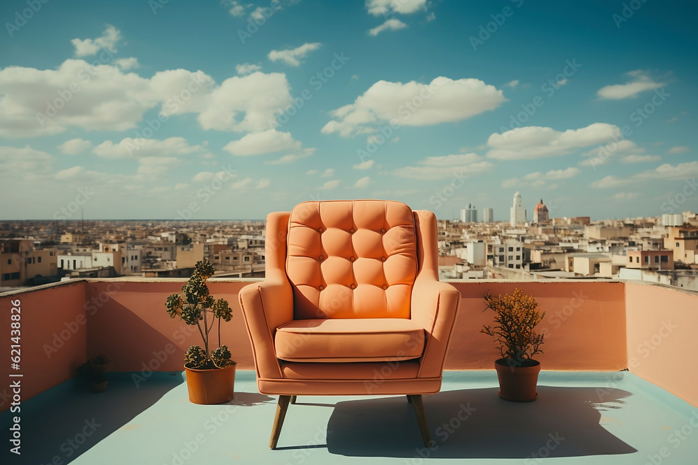 Retro pastel orange armchair in a rooftop in the middle of the city. Generative AI.
