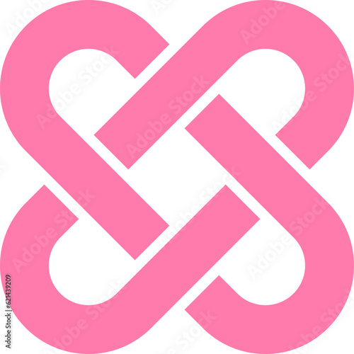 Pink intertwined heart celtic knot logo isolated on white background. Overlapped hearts symbol vector illustration.