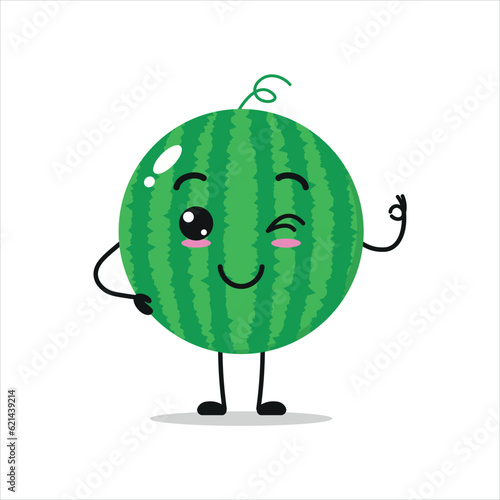 Cute happy watermelon character. Funny smiling and wink watermelon cartoon emoticon in flat style. Fruit emoji vector illustration