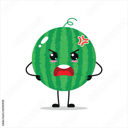 Cute angry watermelon character. Funny mad watermelon cartoon emoticon in flat style. Fruit emoji vector illustration